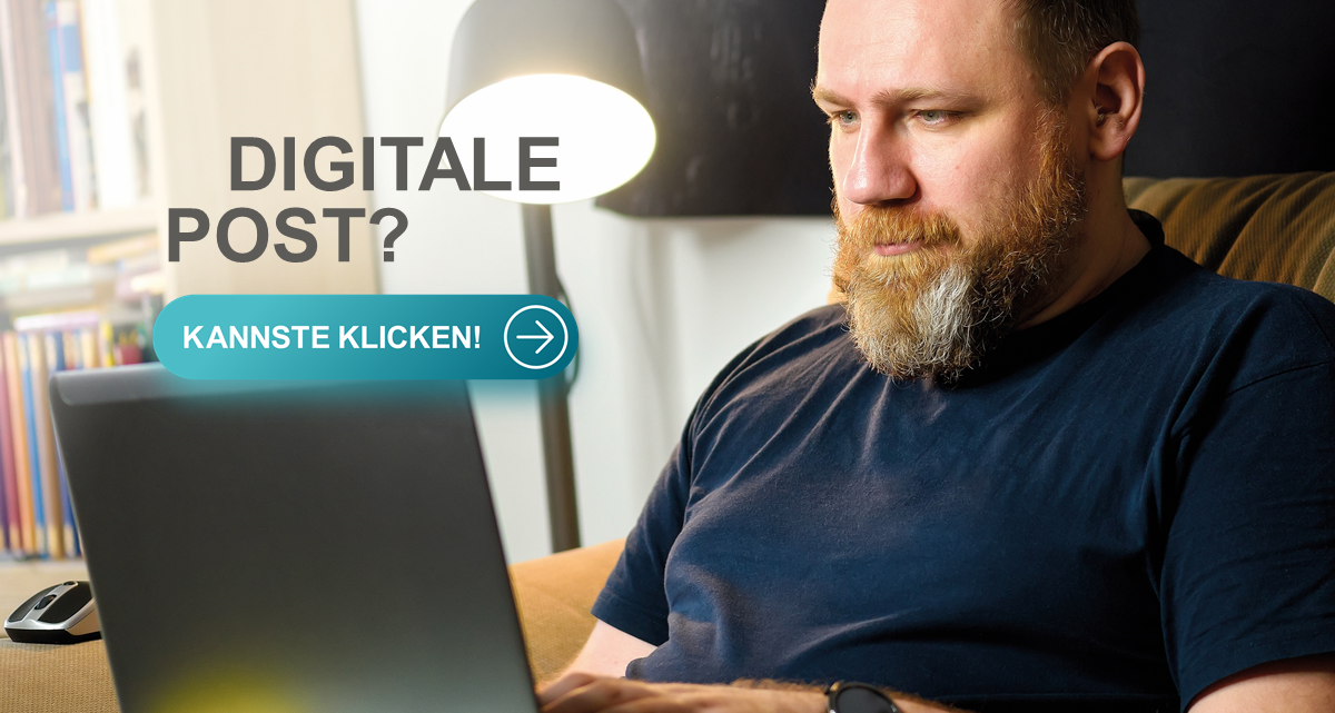 Digitale Post? Bild zeigt einen Mann, der auf einen aufgeklappten Laptop schaut.