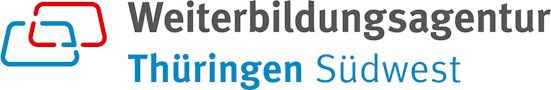 Logo der Weiterbildungsagentur Thüringen Südwest in blau und rot.