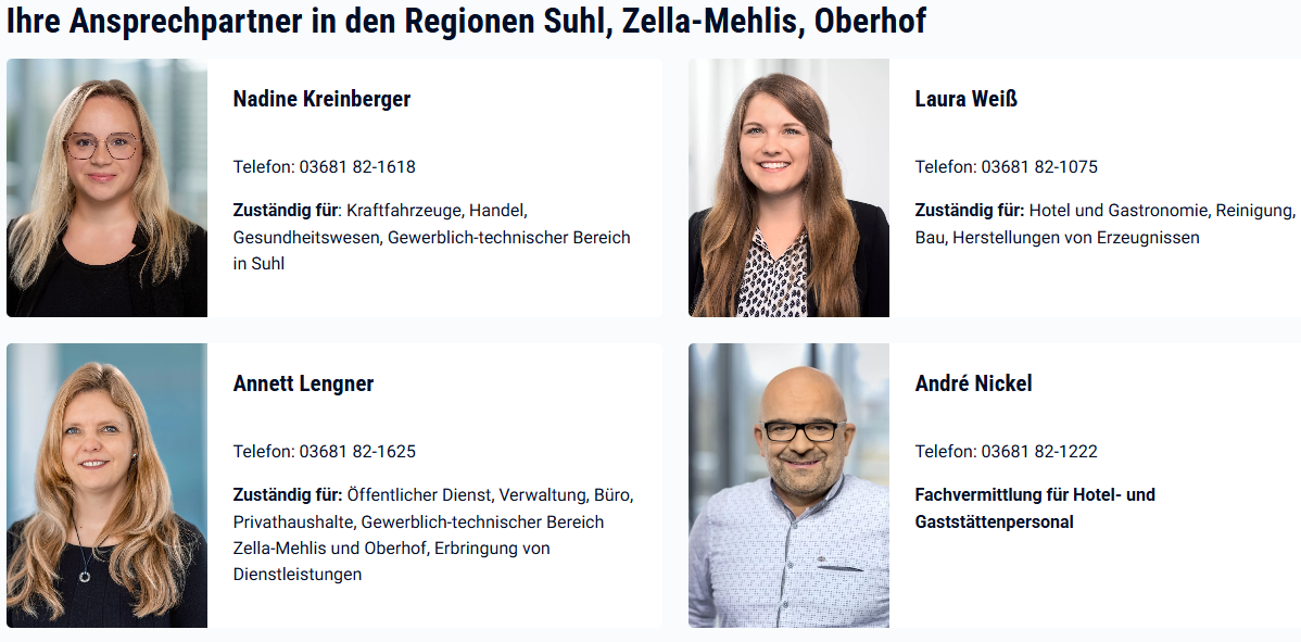 Der Arbeitgeberservice Porträts von vier Personen mit Namen, fachlicher Zuständigkeit und Telefonnummer.