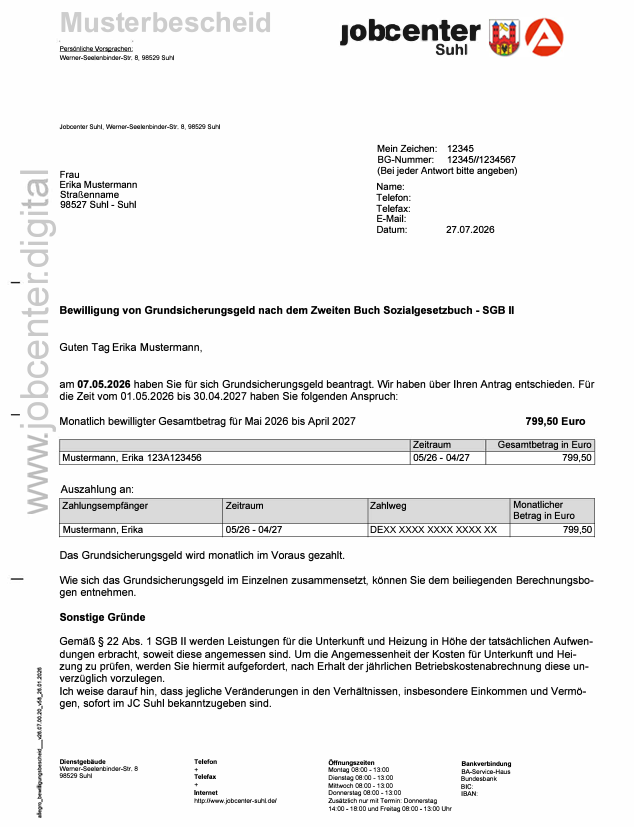 Muster für einen Bescheid zum Grundsicherungsgeld mit Informationen.
