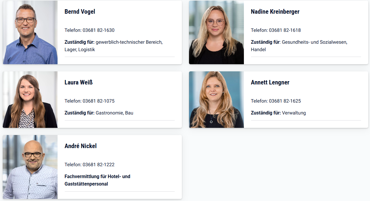Porträts von fünf Personen mit Namen, fachlicher Zuständigkeit und Telefonnummer.